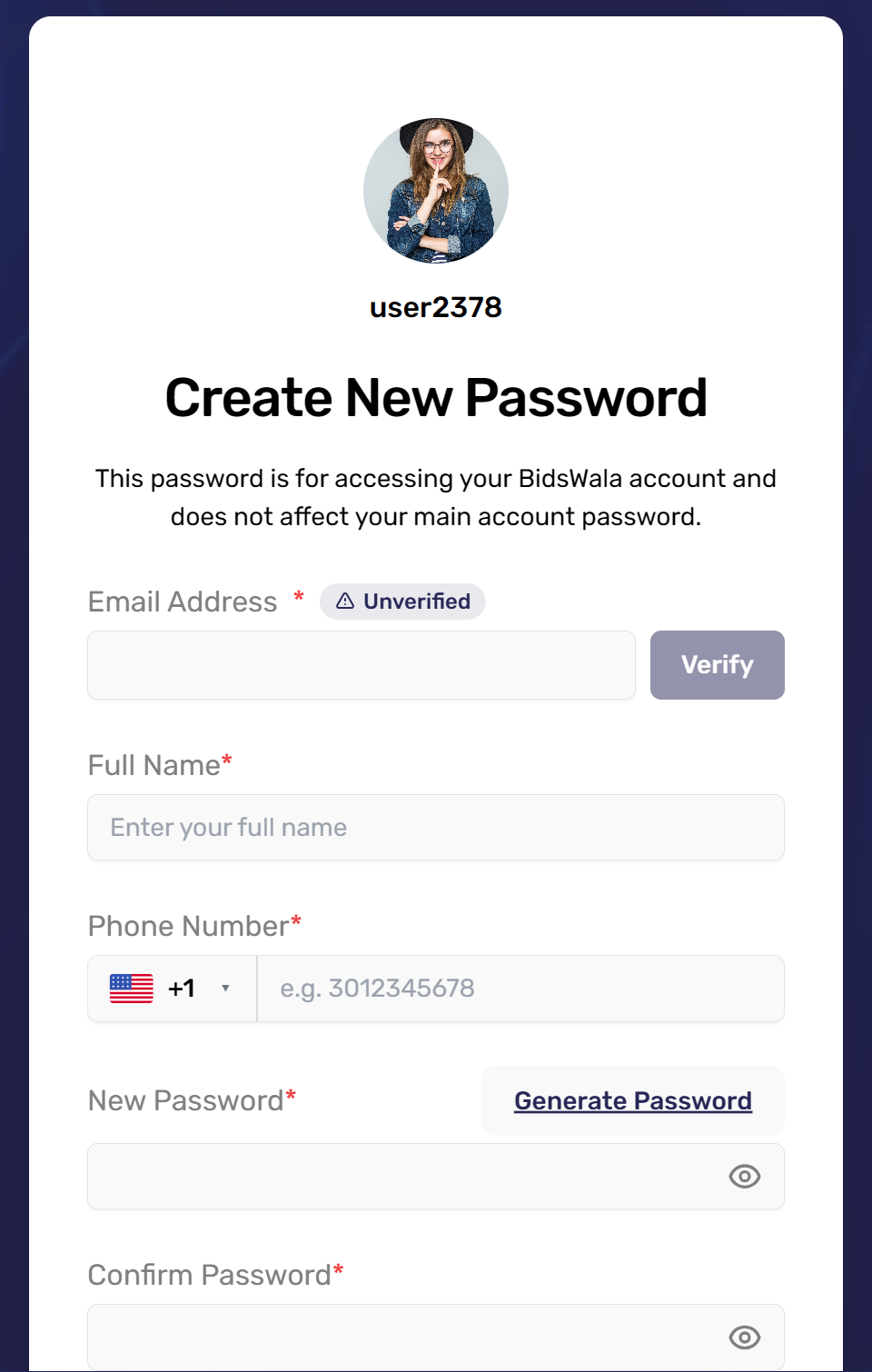 Create New Password form