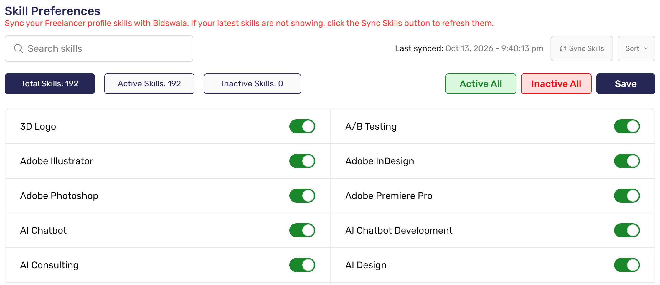 Skill Preferences page