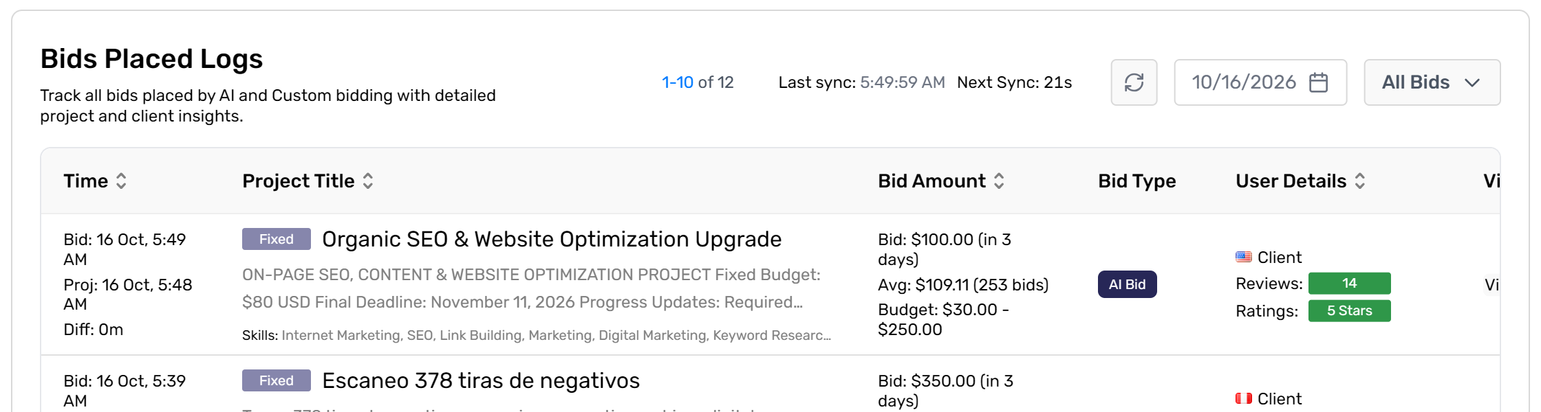 Bids Placed Logs