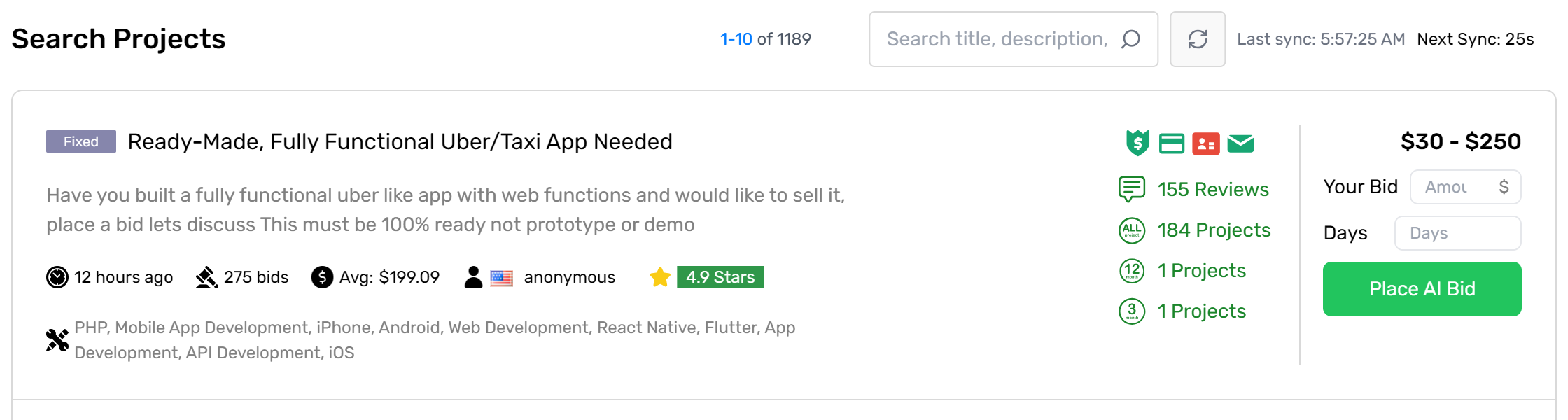 Search Projects list