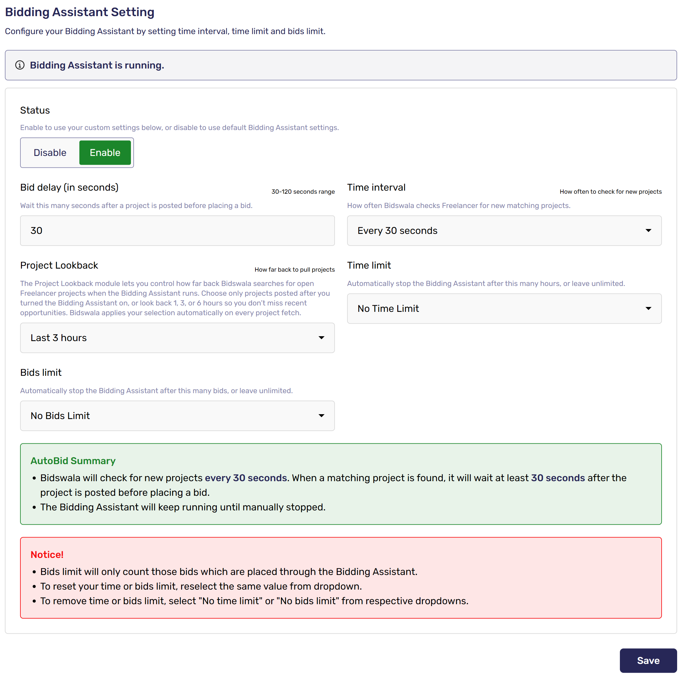 Bidding Assistant Setting