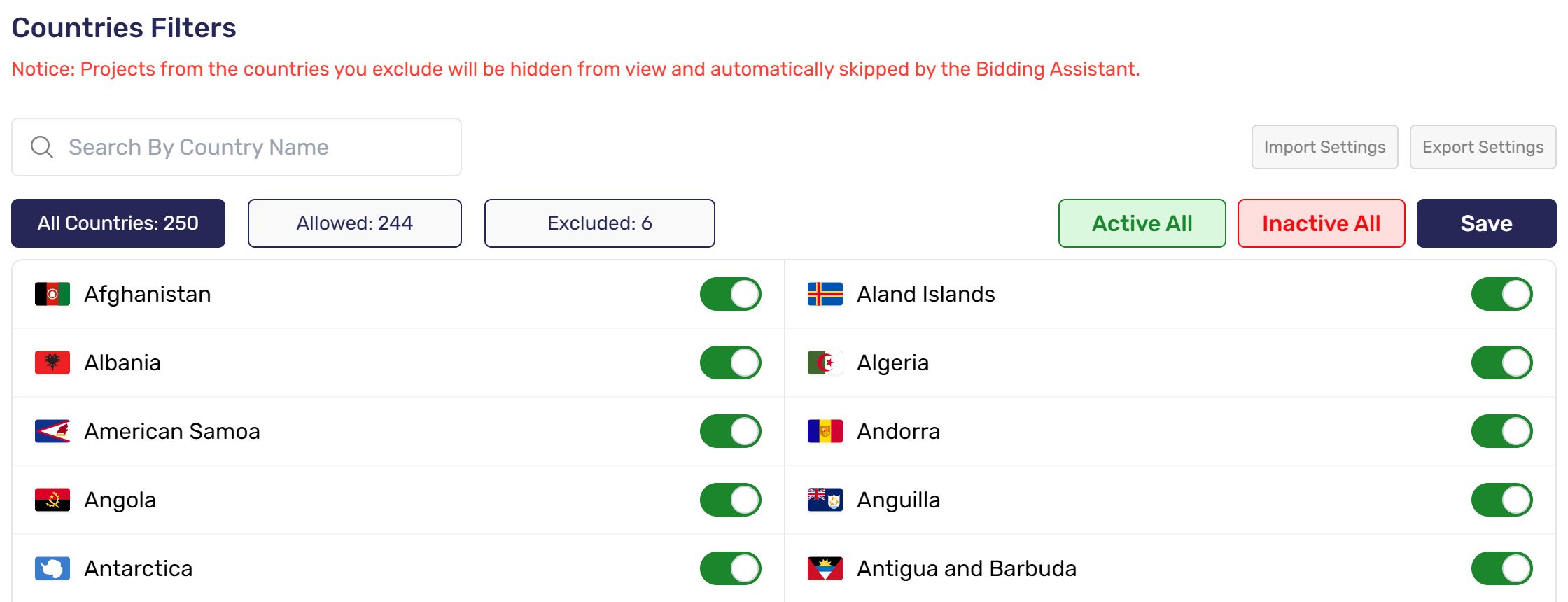 Countries Filters
