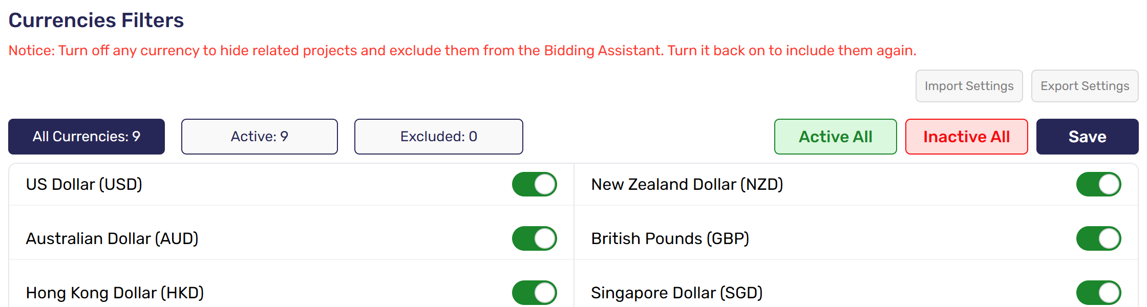 Currencies Filters
