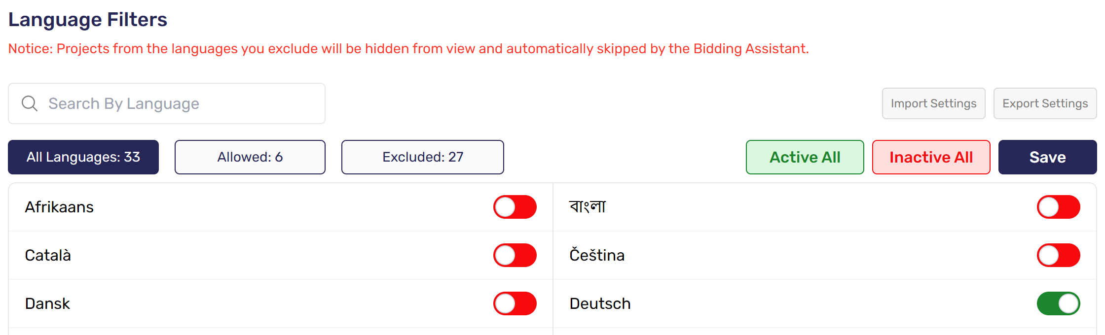 Language Filters