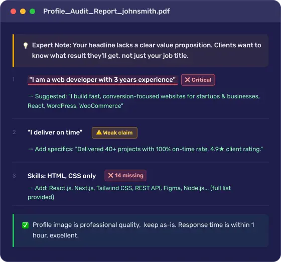 Annotated profile audit report showing marked issues, fixes, and expert guidance